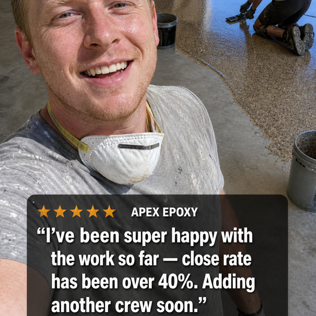 Apex Epoxy 5-star review: I've been super happy with the work so far — close rate has been over 40%. Adding another crew soon.