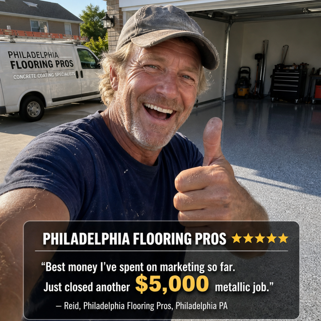 Philadelphia Flooring Pros 5-star review from Reid: Best money I've spent on marketing so far. Just closed another $5,000 metallic job.