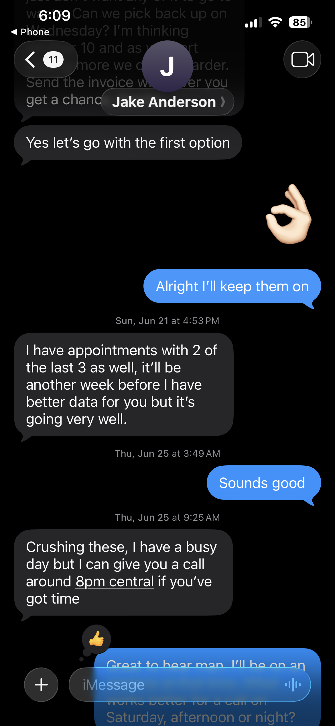 iMessage thread with a client: appointments going very well, crushing these